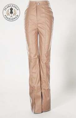 Missguided + High-Waist Faux Leather Flared Pants in Camel